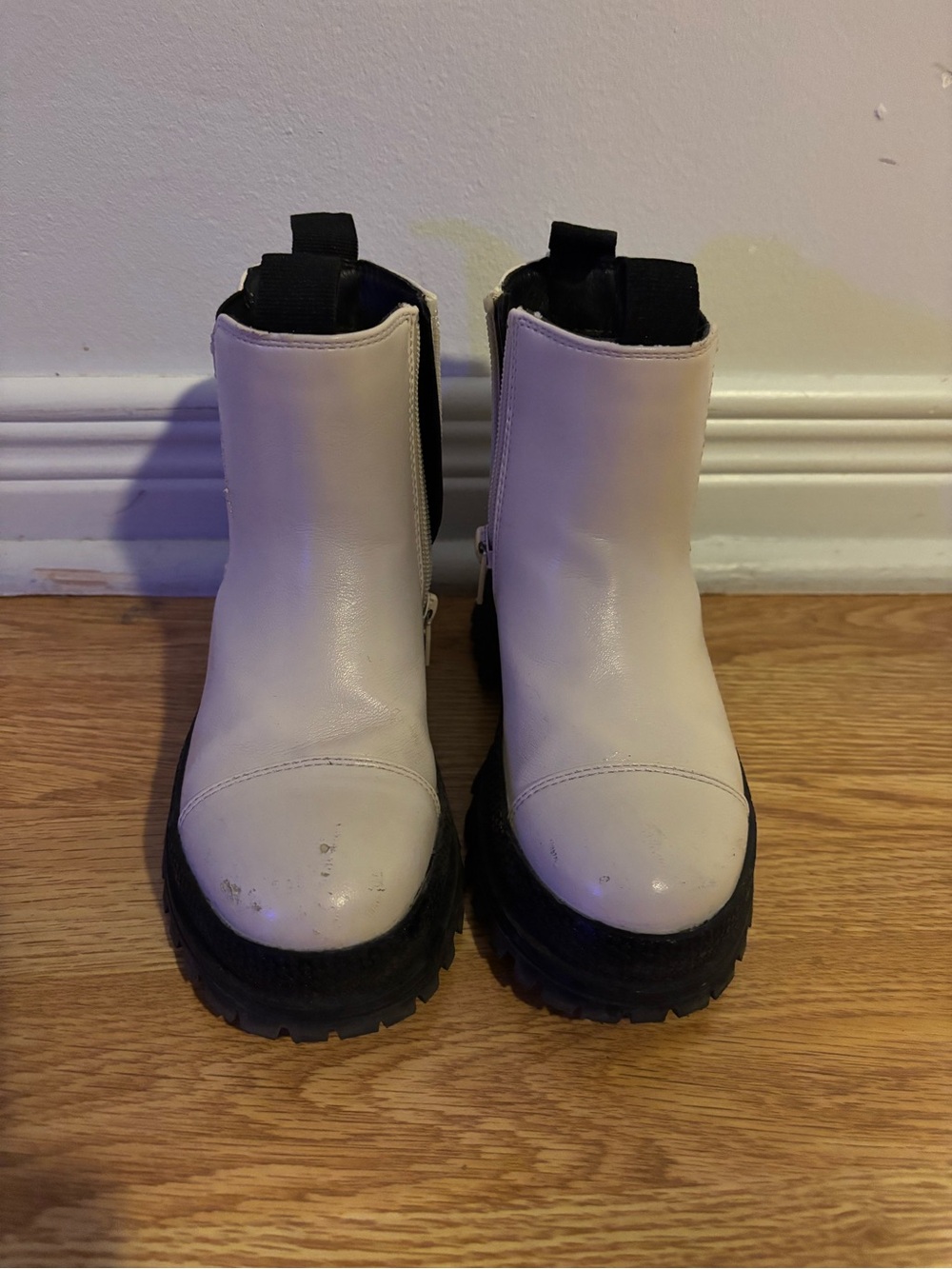 Kids White Leather Chelsea Boots with Black Lug Sole